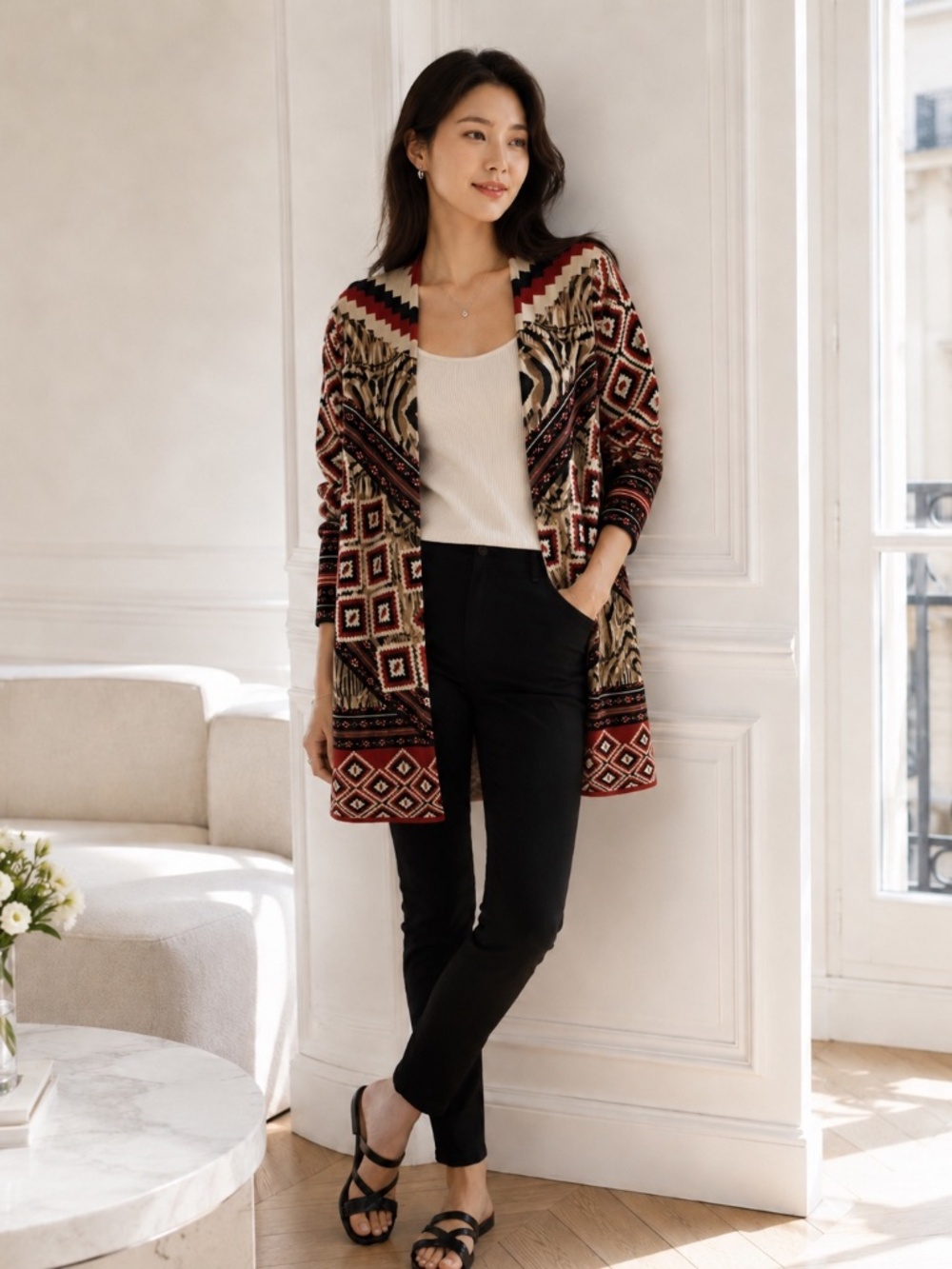 Chico's Tribal Chevron Lacey Open Front Cardigan Sweater, Size 8